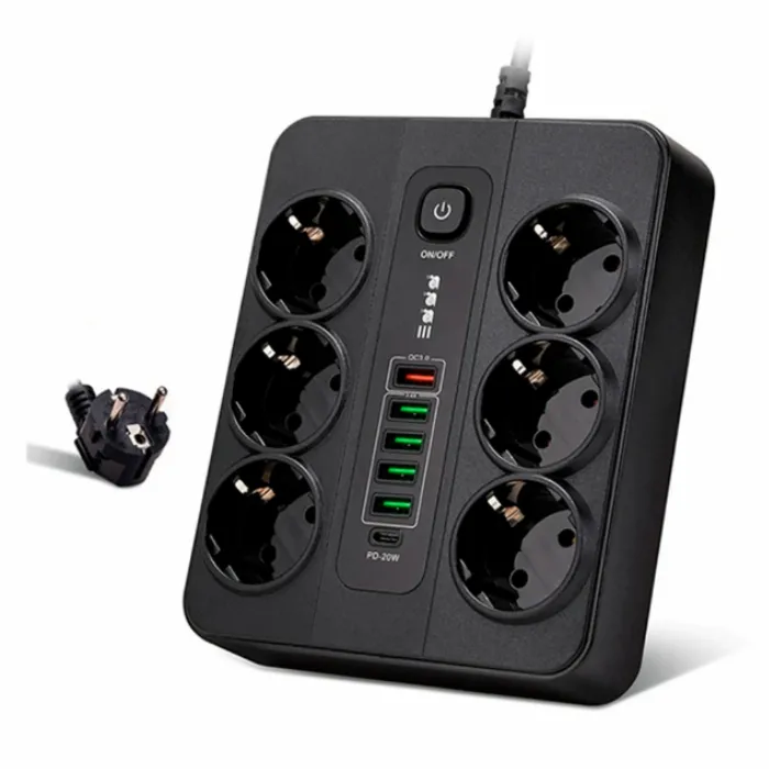 Универсален разклонител с 6 гнезда,3.4А, 5 USB порта и 1 Type-C порт, 3000W