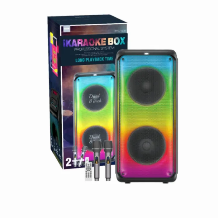 Bluetooth високоговорител 8″x2 LED светлини и 2 безжични микрофона, BTS-1908