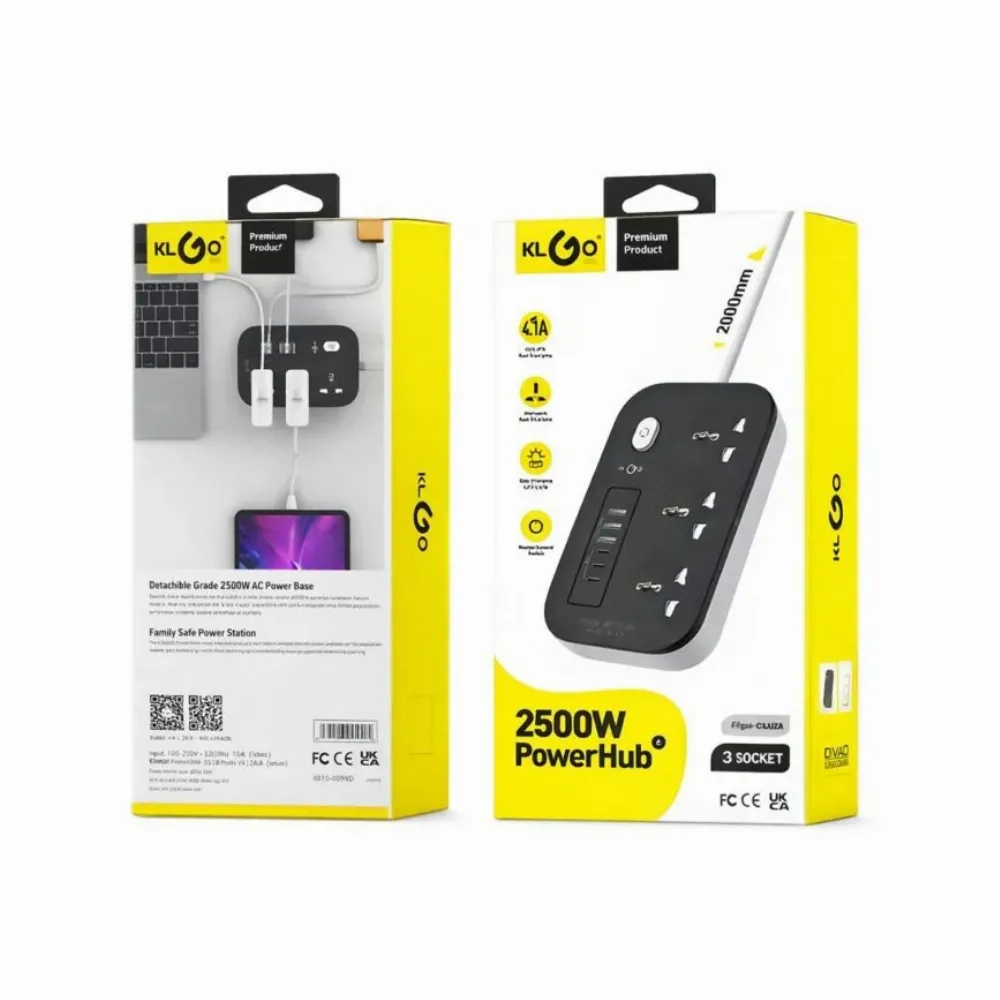 Разклонител с USB портове, 2500 W, ключ и 2-метров кабел, Klgo PS-300